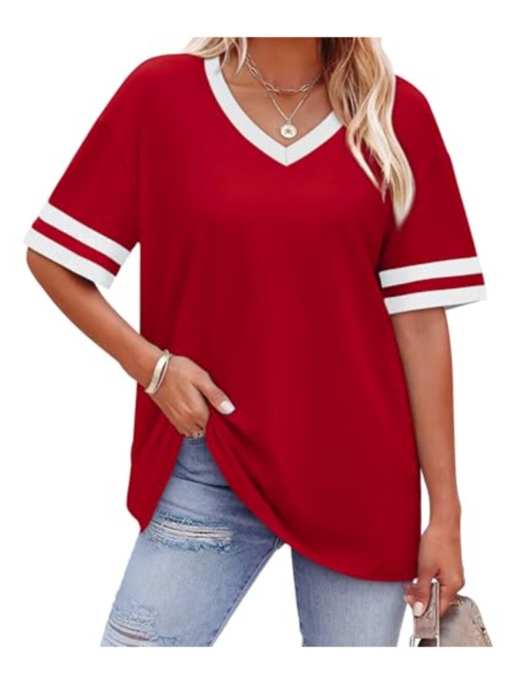 Womens Loose Fit V Neck Short Sleeve T Shirt Summer Tee Casual Top